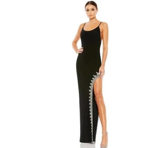 MAC DUGGAL Black Maxi DRESS Size 12 Rhinestone Side Slit Cami Bodycon 42002 New - Picture 1 of 8